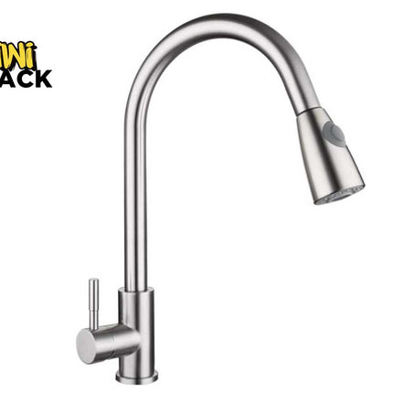 A brushed nickel pull-down kitchen faucet with a high-arch gooseneck spout and single lever handle, featuring the "Kiwi Shack" logo in the top-left corner.