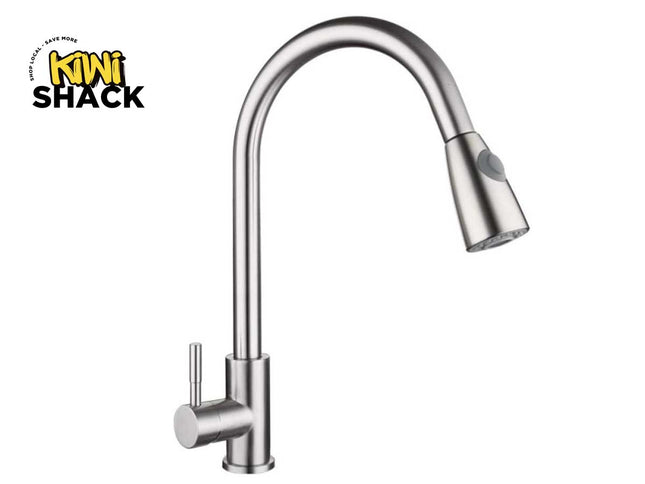 A brushed nickel pull-down kitchen faucet with a high-arch gooseneck spout and single lever handle, featuring the "Kiwi Shack" logo in the top-left corner.