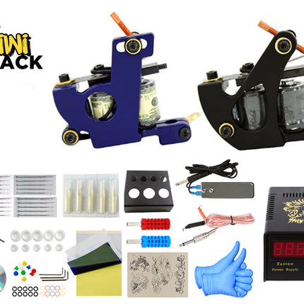 Tattoo machine kit with various accessories on a white background, featuring the Kiwi Shack brand.