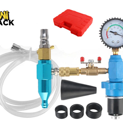 A pneumatic coolant vacuum purge and refill kit featuring a blue and silver manifold assembly with a circular pressure gauge, a coiled clear fluid hose, a black cone adapter with three additional rubber ring seals, and a red plastic storage case in the background, with a "Kiwi Shack" logo in the top left corner.