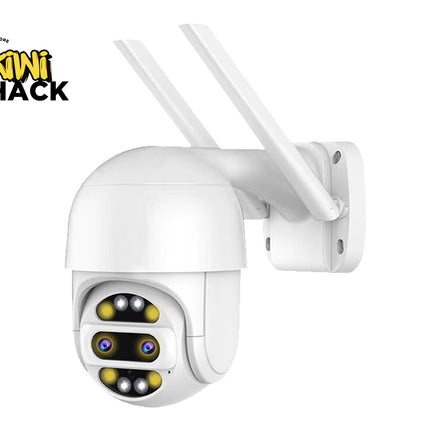 White security camera with antennas on a white background, featuring the Kiwi Shack logo.