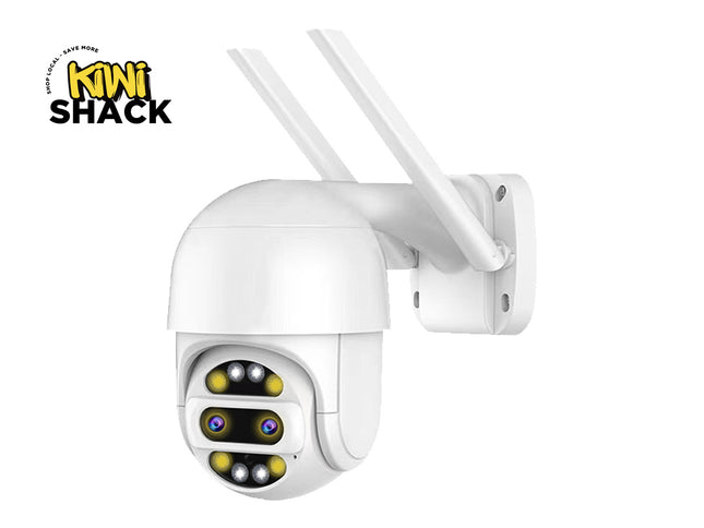 White security camera with antennas on a white background, featuring the Kiwi Shack logo.