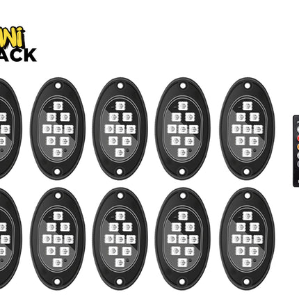 Ten oval black marine LED light units arranged in two rows on a white background, with a Kiwi Shack logo in the top-left corner and a small remote controller on the right.