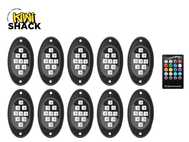 Ten oval black marine LED light units arranged in two rows on a white background, with a Kiwi Shack logo in the top-left corner and a small remote controller on the right.
