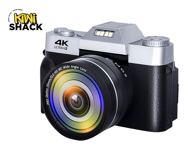 Digital camera with 4K Ultra HD label on a white background, featuring the Kiwi Shack brand.