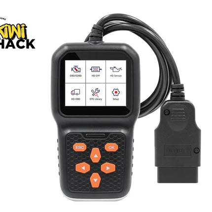 Car diagnostic tool with display and buttons on a white background, branded with 'Kiwi Shack'.