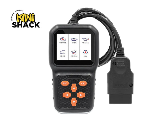 Car diagnostic tool with display and buttons on a white background, branded with 'Kiwi Shack'.