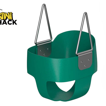 Green swing seat with metal chains on a white background, featuring the Kiwi Shack logo.