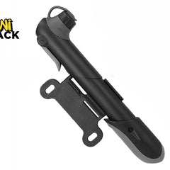 A compact black and gray mini bicycle tire pump with a valve head cover, a locking lever, and an attached mounting bracket against a white background, featuring the "Kiwi Shack" logo in the upper left corner.