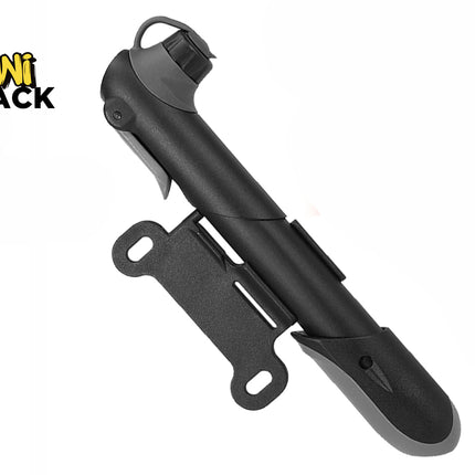 A compact black and gray mini bicycle tire pump with a valve head cover, a locking lever, and an attached mounting bracket against a white background, featuring the "Kiwi Shack" logo in the upper left corner.
