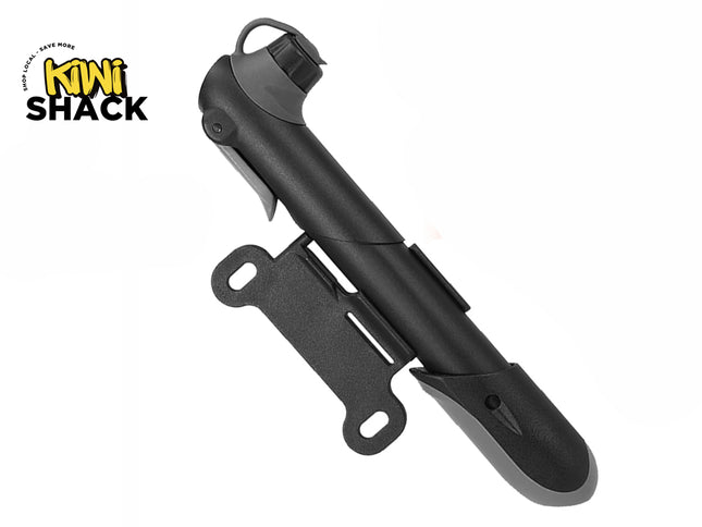A compact black and gray mini bicycle tire pump with a valve head cover, a locking lever, and an attached mounting bracket against a white background, featuring the "Kiwi Shack" logo in the upper left corner.