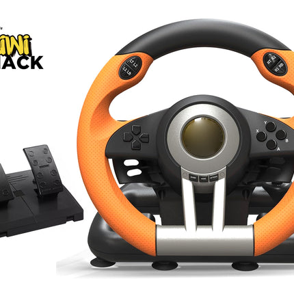 Orange and black steering wheel with pedals on a white background, featuring the Kiwi Shack logo.
