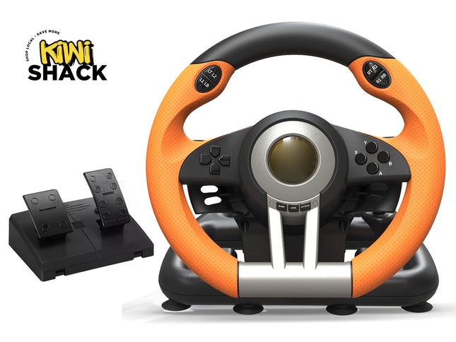 Orange and black steering wheel with pedals on a white background, featuring the Kiwi Shack logo.