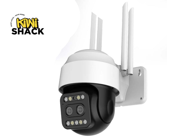 Outdoor security camera with antennas on a white background, branded 'Kiwi Shack'.
