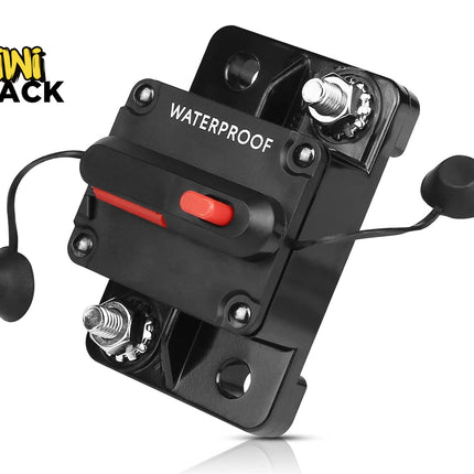 Kiwi Shack waterproof manual reset audio circuit breaker with stud terminals for automotive and marine audio systems.
