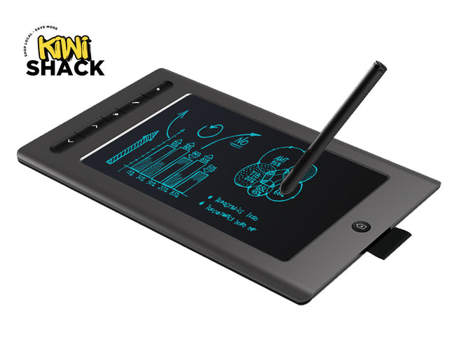 Digital drawing tablet with stylus on a white background, branded 'Kiwi Shack'.