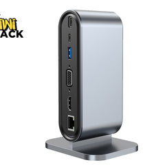 Docking station with multiple ports on a white background, featuring the Kiwi Shack logo.