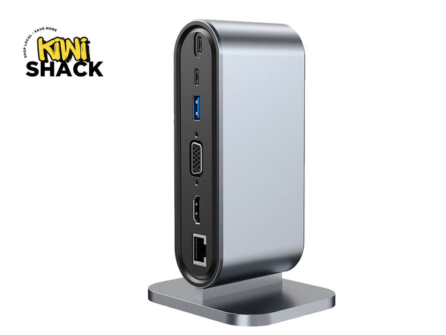 Docking station with multiple ports on a white background, featuring the Kiwi Shack logo.