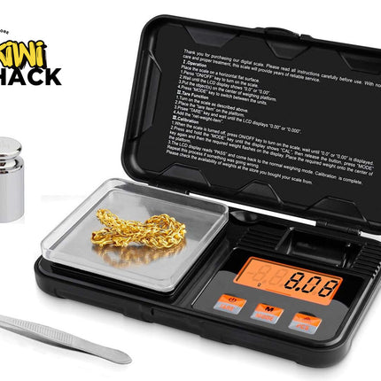 Digital pocket scale with gold leaf and tweezers on a white background, featuring Kiwi Shack branding.