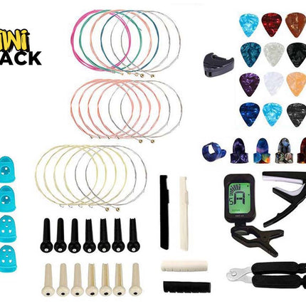 Guitar accessories set including strings, picks, and tuning tools on a white background with 'Kiwi Shack' branding.