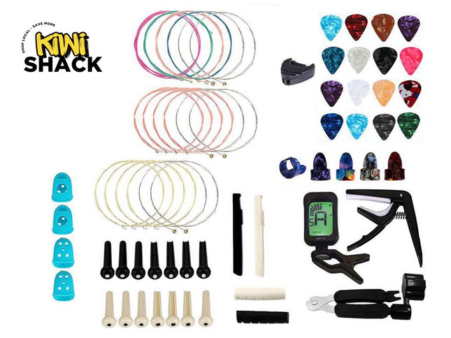 Guitar accessories set including strings, picks, and tuning tools on a white background with 'Kiwi Shack' branding.