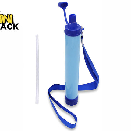A blue and light blue hand pump bottle with a blue strap, shown on a white background next to a clear straw. The Kiwi Shack logo is visible in the top left corner.