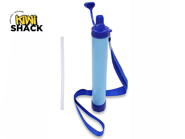 A blue and light blue hand pump bottle with a blue strap, shown on a white background next to a clear straw. The Kiwi Shack logo is visible in the top left corner.