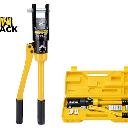 A Kiwi Shack hydraulic line connector tool shown standing upright next to its open yellow carrying case on a white background. The tool is primarily yellow and black, and the case contains additional tools and fittings.
