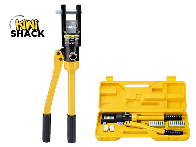 A Kiwi Shack hydraulic line connector tool shown standing upright next to its open yellow carrying case on a white background. The tool is primarily yellow and black, and the case contains additional tools and fittings.