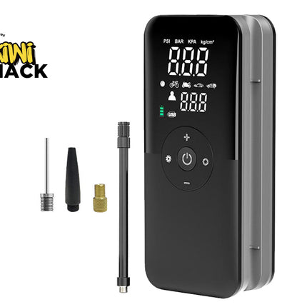 A digital tire inflator by Kiwi Shack, featuring a black face with a digital LCD display, shown alongside three interchangeable nozzle attachments on a clean white background.