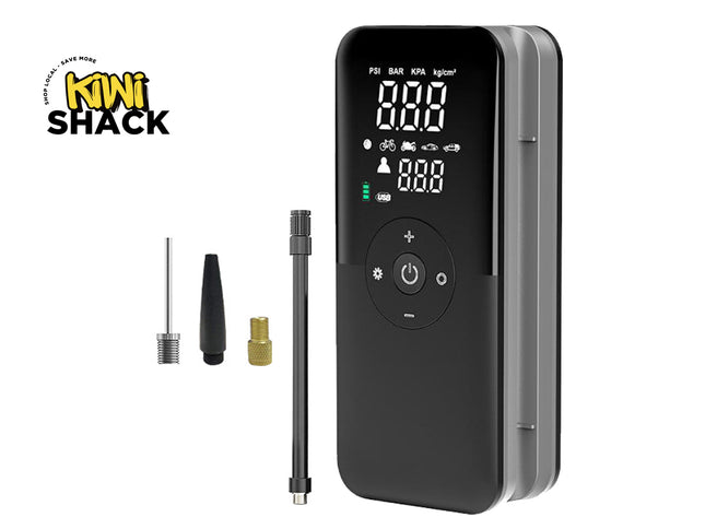 A digital tire inflator by Kiwi Shack, featuring a black face with a digital LCD display, shown alongside three interchangeable nozzle attachments on a clean white background.