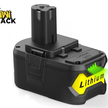 Black 18V lithium-ion power tool replacement battery with a vertical slide-in tower connector, side release latches, green LED charge level indicator lights, a yellow 'Lithium' graphic accent on the front, and the Kiwi Shack logo watermark.