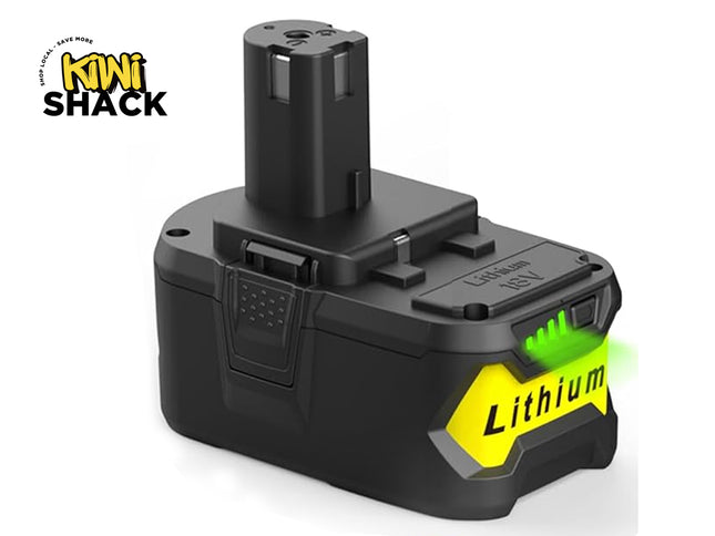 Black 18V lithium-ion power tool replacement battery with a vertical slide-in tower connector, side release latches, green LED charge level indicator lights, a yellow 'Lithium' graphic accent on the front, and the Kiwi Shack logo watermark.