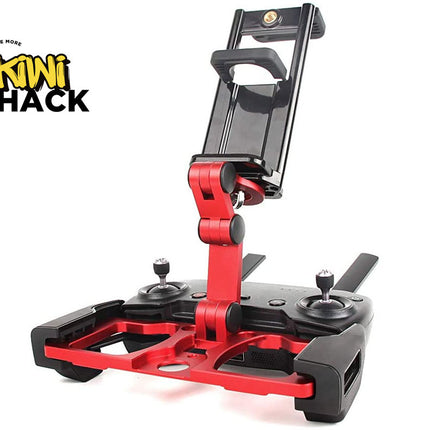 A red and black drone remote controller mounting bracket with a phone holder, shown on a white background with the Kiwi Shack logo in the top left corner.