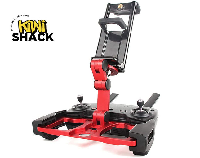 A red and black drone remote controller mounting bracket with a phone holder, shown on a white background with the Kiwi Shack logo in the top left corner.