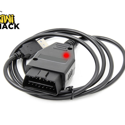 Car diagnostic cable with OBD2 connector on a white background, branded 'Kiwi Shack'.