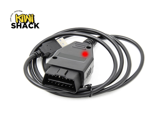Car diagnostic cable with OBD2 connector on a white background, branded 'Kiwi Shack'.