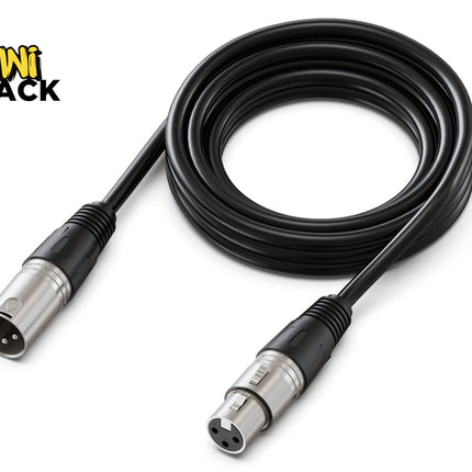 A coiled black audio cable with XLR connectors on both ends, shown on a white background with the Kiwi Shack logo in the top-left corner.