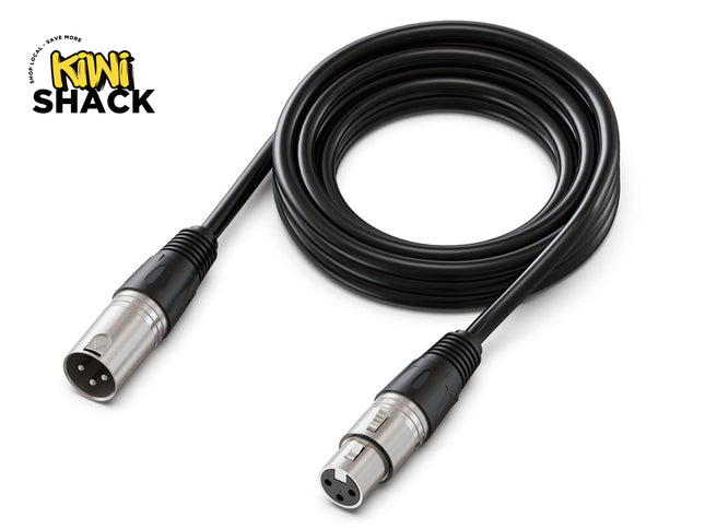 A coiled black audio cable with XLR connectors on both ends, shown on a white background with the Kiwi Shack logo in the top-left corner.