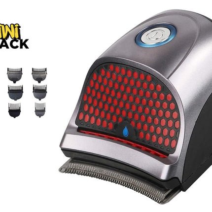 Kiwi Shack ergonomic palm-sized hair clipper and body groomer with multi-size guide comb attachments.