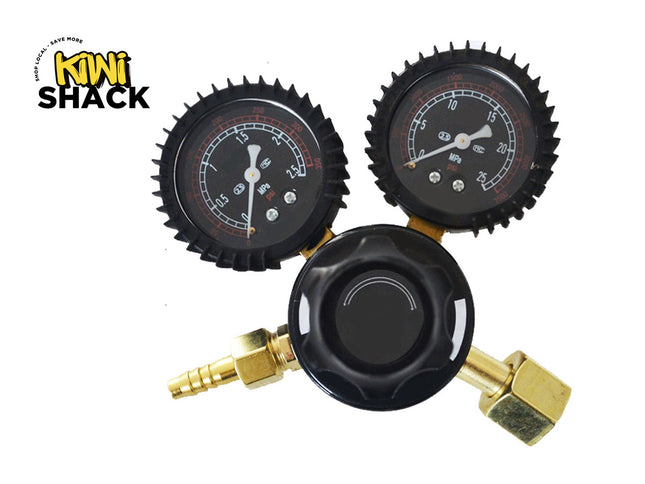 Two pressure gauges with a gold valve on a white background, branded 'Kiwi Shack'.