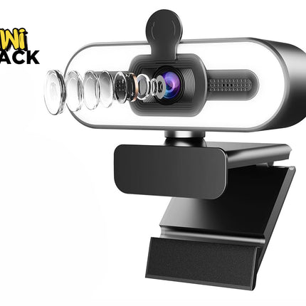 Kiwi Shack 1080p HD streaming webcam with integrated ring light, privacy cover, and multi-element precision glass lens.