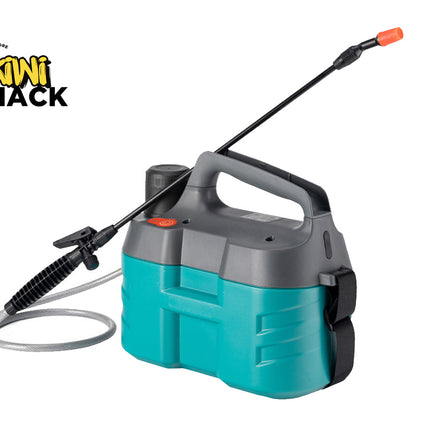 A Kiwi Shack handheld pressure washer with a teal and gray plastic tank, a black handle, a long black spray wand with an orange nozzle, and a coiled gray hose, shown on a white background with the Kiwi Shack logo in the top-left corner.