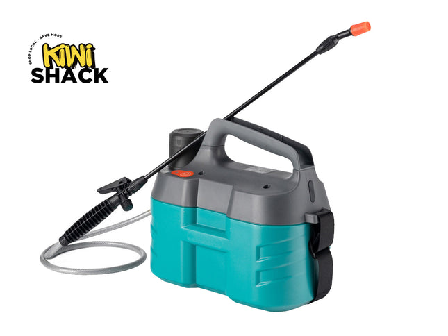 A Kiwi Shack handheld pressure washer with a teal and gray plastic tank, a black handle, a long black spray wand with an orange nozzle, and a coiled gray hose, shown on a white background with the Kiwi Shack logo in the top-left corner.