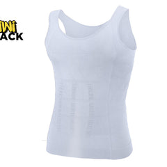 White men's compression shaping tank top with targeted abdominal contouring panels, scoop neckline, and Kiwi Shack logo in top left.