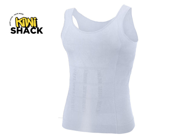 White men's compression shaping tank top with targeted abdominal contouring panels, scoop neckline, and Kiwi Shack logo in top left.