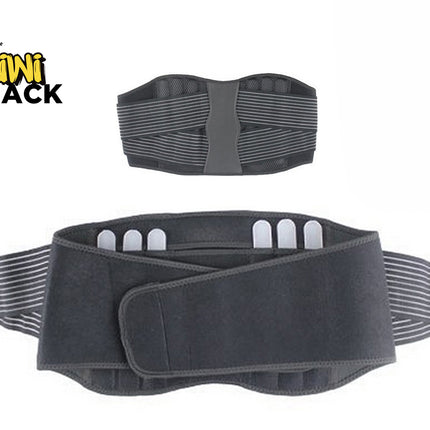 Gray lumbar support back brace set showing front closure with overlapping velcro straps and elastic side panels below, and rear view showing crisscross elastic tension straps and central back panel above, branded with the "Kiwi Shack" logo in the top-left corner.