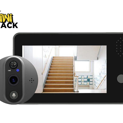 Video doorbell with screen displaying a staircase, branded as Kiwi Shack.