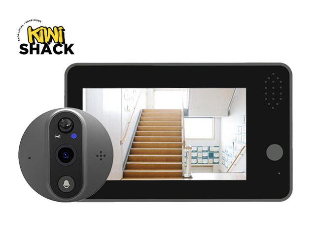 Video doorbell with screen displaying a staircase, branded as Kiwi Shack.