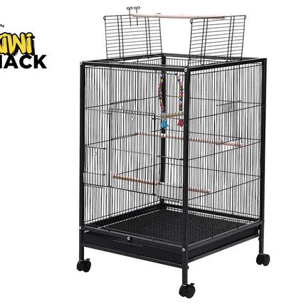 Black bird cage with perches and a stand, branded 'Kiwi Shack', on a white background.